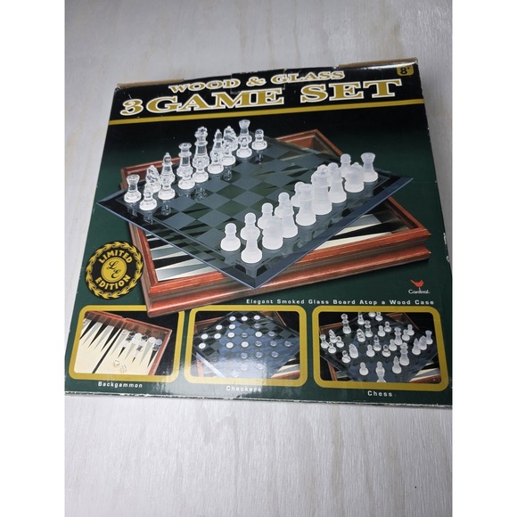 Cardinal Other - Cardinal Limited Edition Wood & Glass "3" Game Set Backgammon Checkers Chess NIB